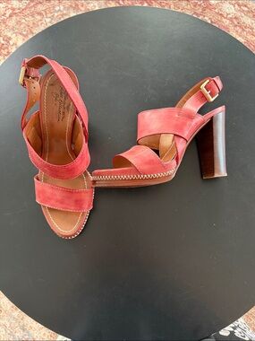 Santoni Rose Collection Red Leather Block Heel Sandals